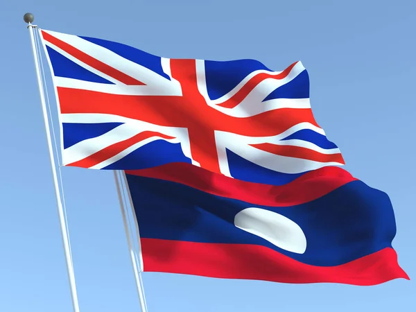 Duas Bandeiras Reino Unido Laos Céu Azul Alta Fundo Negócios — Fotografia de Stock