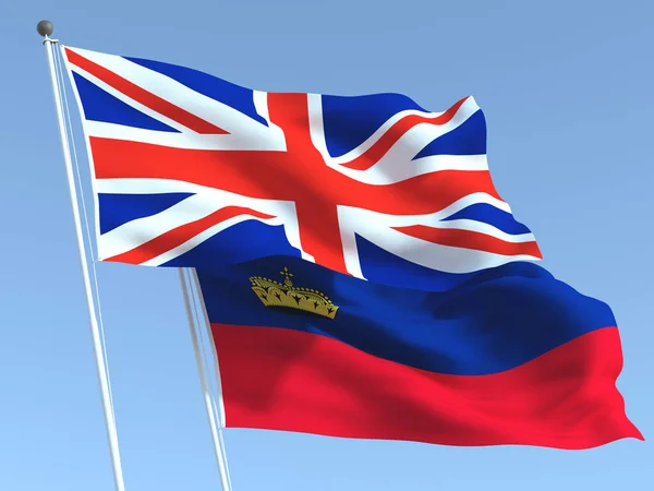Duas Bandeiras Reino Unido Liechtenstein Acenando Céu Azul Alta Fundo — Fotografia de Stock