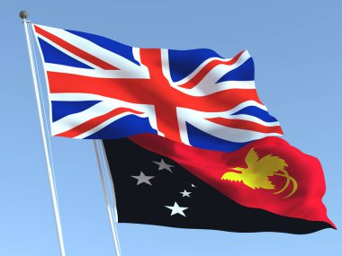 Mavi gökyüzünde Birleşik Krallık ve Papua Yeni Gine 'nin iki bayrağı sallanıyor. Yüksek kaliteli bir iş geçmişi var. 3d illüstrasyon