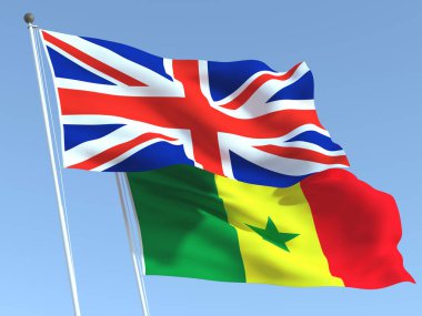 Mavi gökyüzünde Birleşik Krallık ve Senegal 'in iki bayrağı sallanıyor. Yüksek kaliteli bir iş geçmişi var. 3d illüstrasyon
