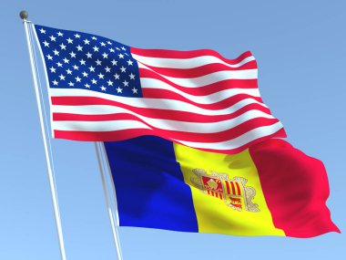 Mavi gökyüzünde Birleşik Devletler ve Andorra 'nın iki bayrağı sallanıyor. Yüksek kaliteli bir iş geçmişi var. 3d illüstrasyon