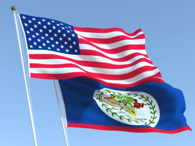 Mavi gökyüzünde iki Birleşik Devletler ve Belize bayrağı sallıyor. Yüksek kaliteli bir iş geçmişi var. 3d illüstrasyon