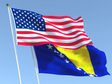 Mavi gökyüzünde ABD ve Bosna-Hersek 'e ait iki bayrak sallıyor. Yüksek kaliteli bir iş geçmişi var. 3d illüstrasyon