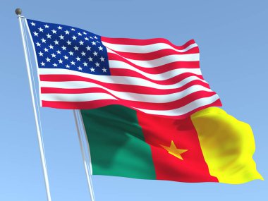 Mavi gökyüzünde Amerika Birleşik Devletleri ve Kamerun 'un iki bayrağı sallanıyor. Yüksek kaliteli bir iş geçmişi var. 3d illüstrasyon