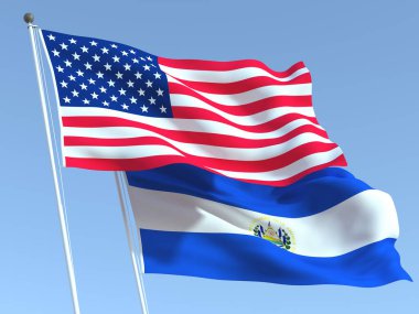 Mavi gökyüzünde Birleşik Devletler ve El Salvador 'un iki bayrağı sallanıyor. Yüksek kaliteli bir iş geçmişi var. 3d illüstrasyon