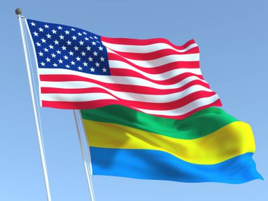 Mavi gökyüzünde Birleşik Devletler ve Gabon 'un iki bayrağı sallanıyor. Yüksek kaliteli bir iş geçmişi var. 3d illüstrasyon