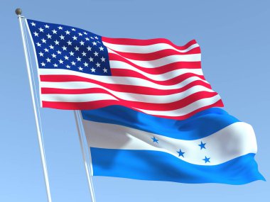 Mavi gökyüzünde iki Birleşik Devletler ve Honduras bayrağı sallıyor. Yüksek kaliteli bir iş geçmişi var. 3d illüstrasyon