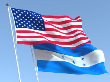 Two waving state flags of United States and Honduras on the blue sky. High - quality business background. 3d illustration clipart