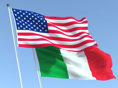 Mavi gökyüzünde Birleşik Devletler ve İtalya 'nın iki bayrağı sallanıyor. Yüksek kaliteli bir iş geçmişi var. 3d illüstrasyon