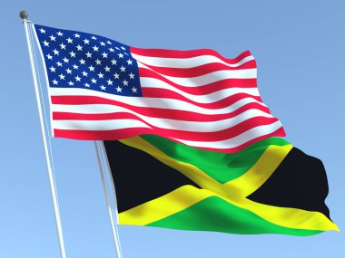 Mavi gökyüzünde Birleşik Devletler ve Jamaika 'nın iki bayrağı sallanıyor. Yüksek kaliteli bir iş geçmişi var. 3d illüstrasyon