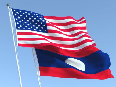 Mavi gökyüzünde Birleşik Devletler ve Laos 'un iki bayrağı sallanıyor. Yüksek kaliteli bir iş geçmişi var. 3d illüstrasyon