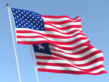 Mavi gökyüzünde Birleşik Devletler ve Liberya 'nın iki bayrağı sallanıyor. Yüksek kaliteli bir iş geçmişi var. 3d illüstrasyon