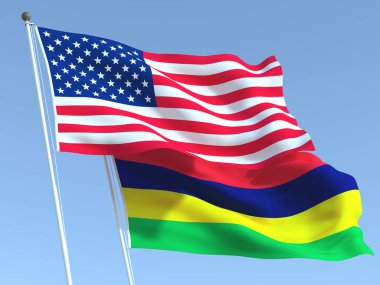 Mavi gökyüzünde Birleşik Devletler ve Mauritius 'un iki bayrağı sallanıyor. Yüksek kaliteli bir iş geçmişi var. 3d illüstrasyon