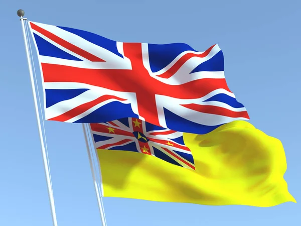 Två Viftande Statliga Flaggor Storbritannien Och Niue Den Blå Himlen — Stockfoto