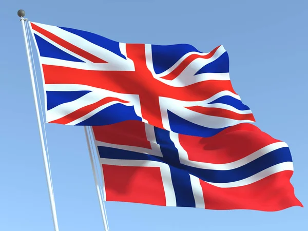 两面飘扬的英国和挪威国旗在蓝天上 高质量的商业背景 3D说明 — 图库照片