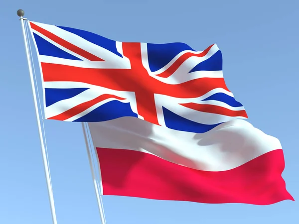 两面飘扬的英国和波兰国旗在蓝天之上 高质量的商业背景 3D说明 — 图库照片