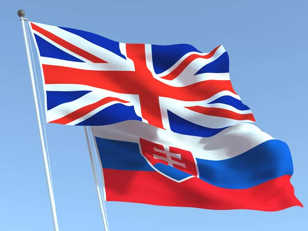 两面飘扬的英国和斯洛伐克国旗挂在蓝天上 高质量的商业背景 3D说明 — 图库照片
