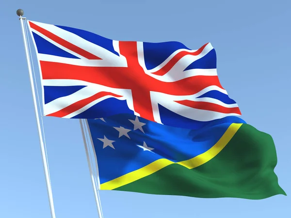 Dvě Vlající Státní Vlajky Spojeného Království Šalamounových Ostrovů Modré Obloze — Stock fotografie