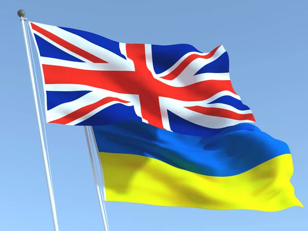 Два Размахивающих Государственными Флагами Великобритании Украины Голубом Небе Высококачественный Бизнес — стоковое фото