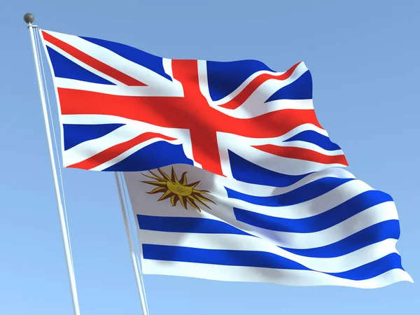 Dvě Vlající Vlajky Spojeného Království Uruguaye Modré Obloze Vysoce Kvalitní — Stock fotografie