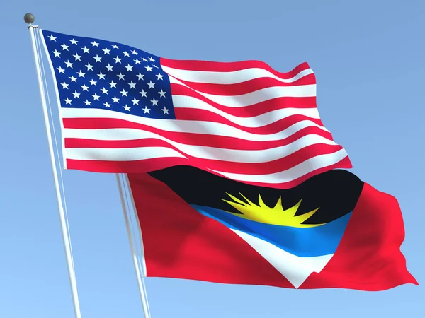 Dos Banderas Estatales Ondeando Estados Unidos Antigua Barbuda Cielo Azul —  Fotos de Stock