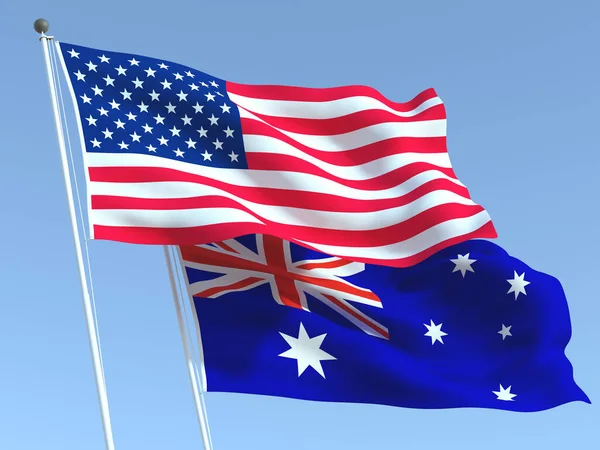 Två Viftande Statliga Flaggor Usa Och Australien Den Blå Himlen — Stockfoto