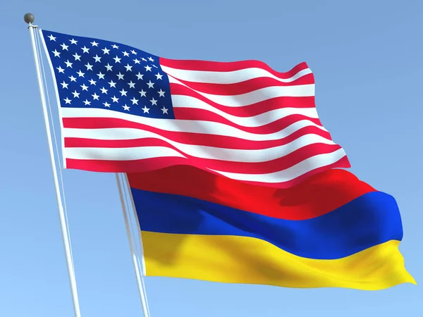 Två Viftande Statliga Flaggor Usa Och Armenien Den Blå Himlen — Stockfoto