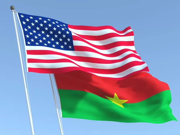 Dos Banderas Estatales Ondeando Estados Unidos Burkina Faso Cielo Azul — Foto de Stock