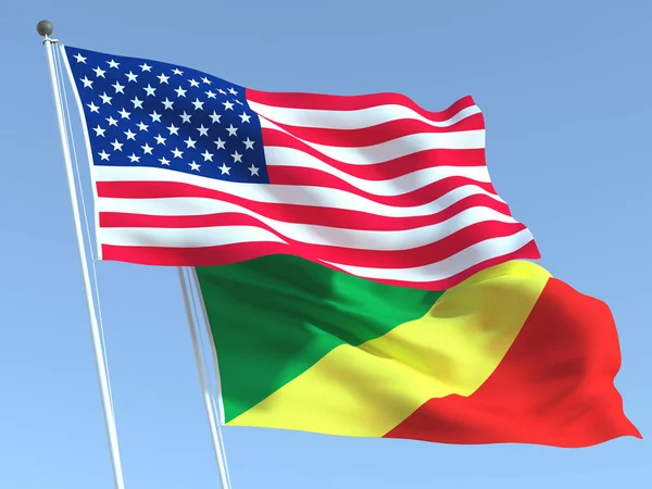 Dos Banderas Estatales Ondeando Estados Unidos Congo Cielo Azul Fondo — Foto de Stock