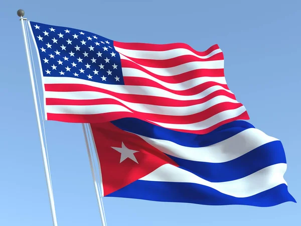 Twee Zwaaiende Staatsvlaggen Van Verenigde Staten Cuba Aan Blauwe Hemel — Stockfoto