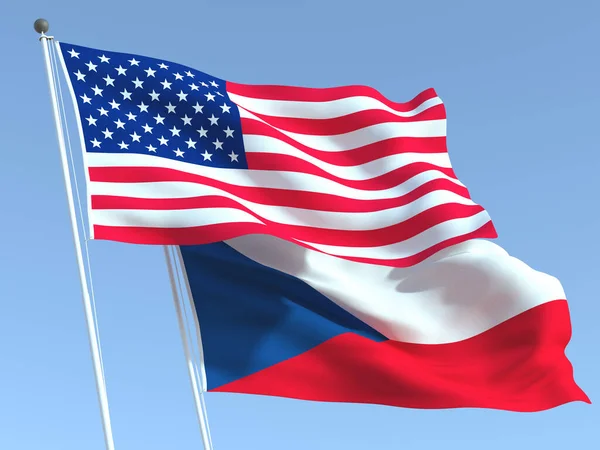 Twee Zwaaiende Staatsvlaggen Van Verenigde Staten Tsjechië Aan Blauwe Hemel — Stockfoto