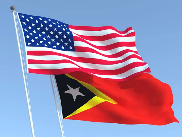 Dos Banderas Estatales Ondeando Estados Unidos Timor Oriental Cielo Azul — Foto de Stock
