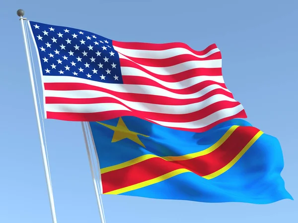 Zwei Schwenkende Flaggen Der Vereinigten Staaten Und Der Kongo Blauen — Stockfoto