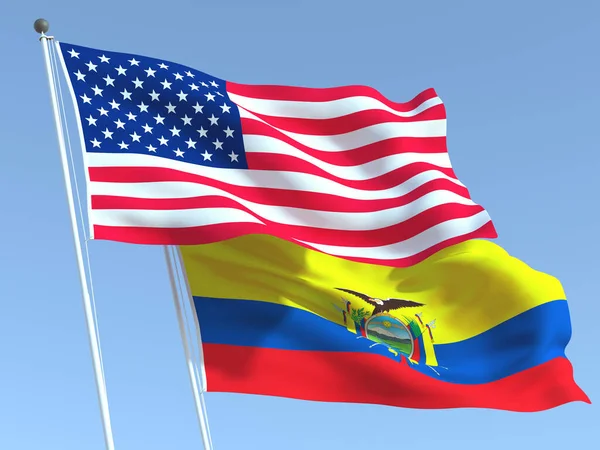 Dos Banderas Estatales Ondeando Estados Unidos Ecuador Cielo Azul Fondo — Foto de Stock