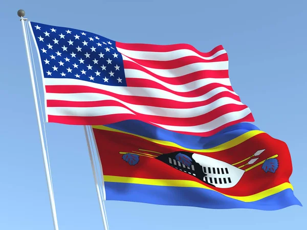 Dos Banderas Estatales Ondeando Estados Unidos Eswatini Cielo Azul Fondo — Foto de Stock