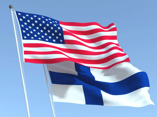 Duas Bandeiras Estados Unidos Finlândia Acenando Céu Azul Alta Fundo — Fotografia de Stock