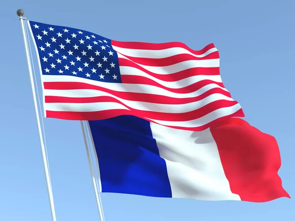 Dos Banderas Estatales Ondeando Estados Unidos Francia Cielo Azul Fondo — Foto de Stock