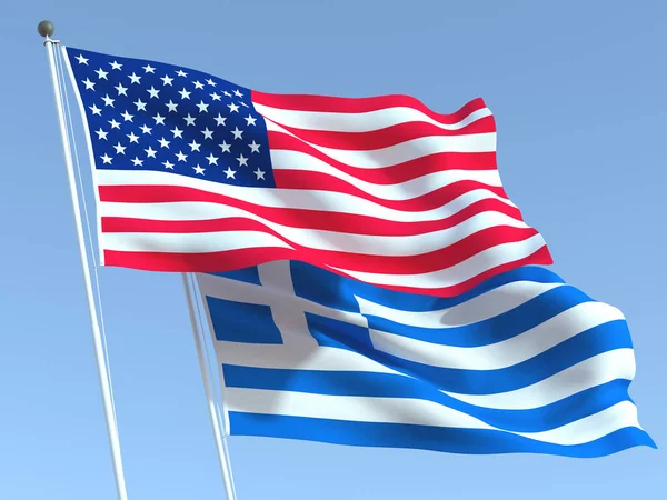 Dos Banderas Estatales Ondeando Estados Unidos Grecia Cielo Azul Fondo —  Fotos de Stock