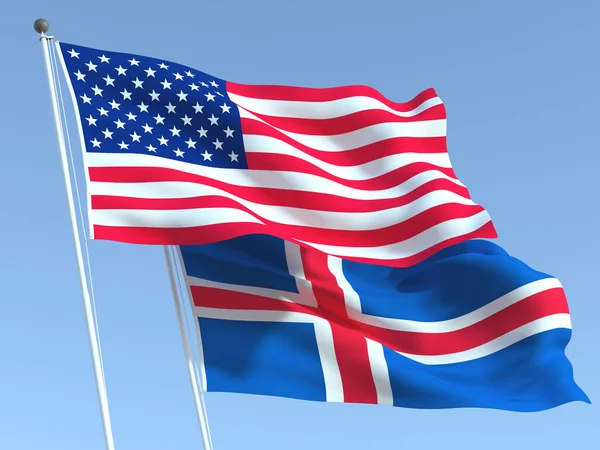 stock image Two waving state flags of United States and Iceland on the blue sky. High - quality business background. 3d illustration