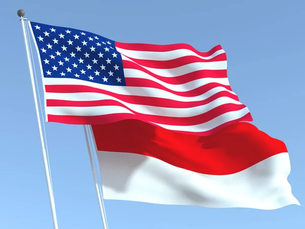 Duas Bandeiras Estados Unidos Indonésia Acenando Céu Azul Alta Fundo — Fotografia de Stock