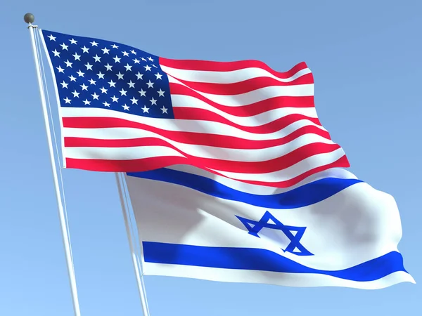 Dos Banderas Estatales Ondeando Estados Unidos Israel Cielo Azul Fondo —  Fotos de Stock