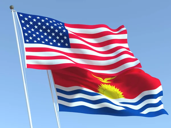Dos Banderas Estatales Ondeando Estados Unidos Kiribati Cielo Azul Fondo — Foto de Stock