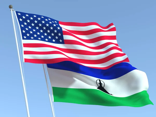 Duas Bandeiras Estaduais Estados Unidos Lesoto Céu Azul Alta Fundo — Fotografia de Stock