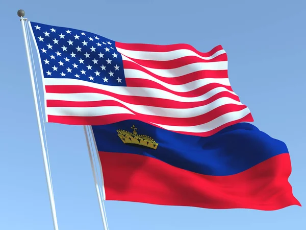Duas Bandeiras Estados Unidos Liechtenstein Acenando Céu Azul Alta Fundo — Fotografia de Stock