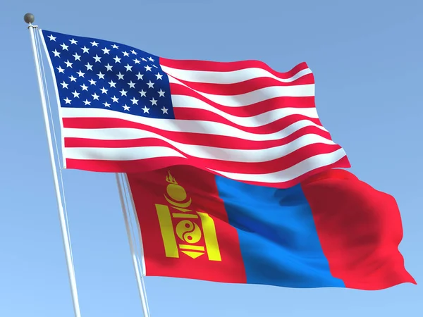 Dos Banderas Estatales Ondeando Estados Unidos Mongolia Cielo Azul Fondo —  Fotos de Stock