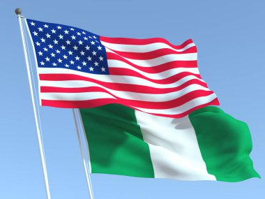 Mavi gökyüzünde iki Birleşik Devletler ve Nijerya bayrağı sallıyor. Yüksek kaliteli bir iş geçmişi var. 3d illüstrasyon