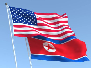 Mavi gökyüzünde Birleşik Devletler ve Kuzey Kore 'nin iki bayrağı sallanıyor. Yüksek kaliteli bir iş geçmişi var. 3d illüstrasyon
