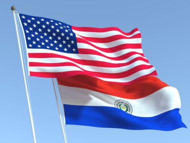 Mavi gökyüzünde Birleşik Devletler ve Paraguay 'ın iki bayrağı sallanıyor. Yüksek kaliteli bir iş geçmişi var. 3d illüstrasyon