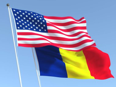 Mavi gökyüzünde ABD ve Romanya 'nın iki bayrağı sallanıyor. Yüksek kaliteli bir iş geçmişi var. 3d illüstrasyon