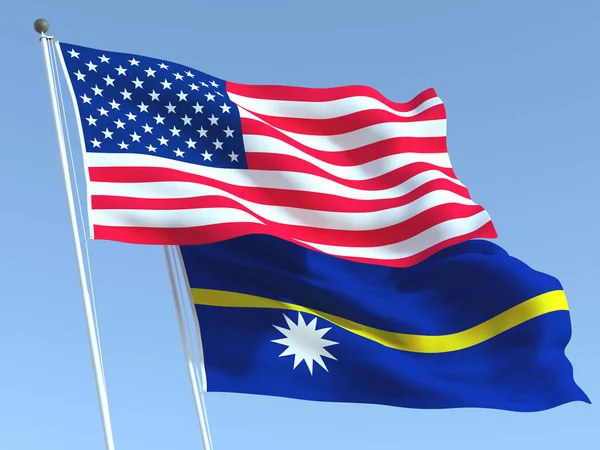 Mavi gökyüzünde ABD ve Nauru 'nun iki bayrağı sallanıyor. Yüksek kaliteli bir iş geçmişi var. 3d illüstrasyon